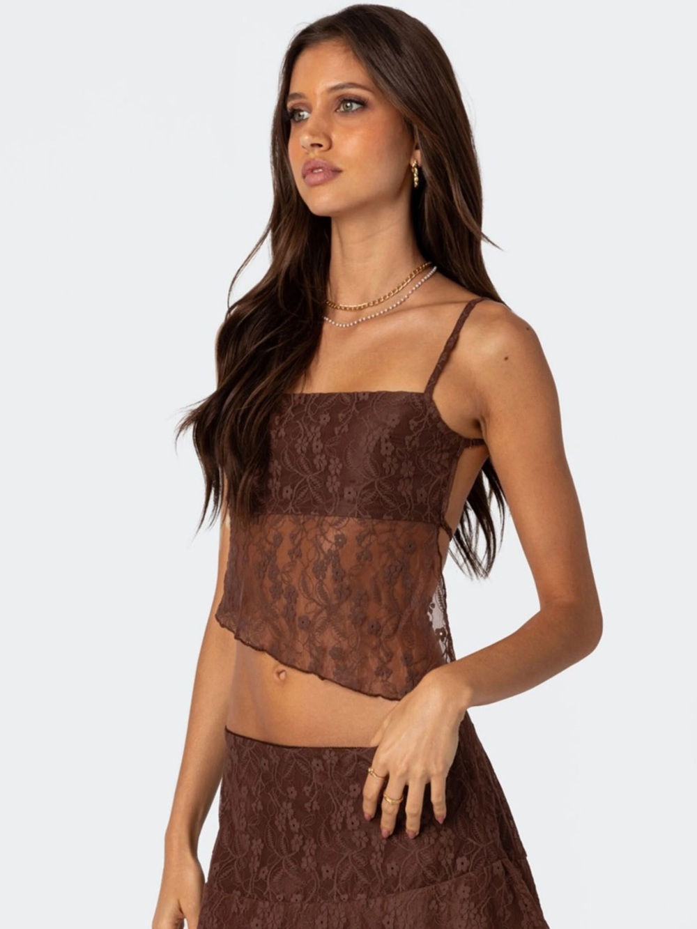 NEW Edikted Lyra Open Back Lace‎ Asymmetrical  Backless Camisole Brown XS